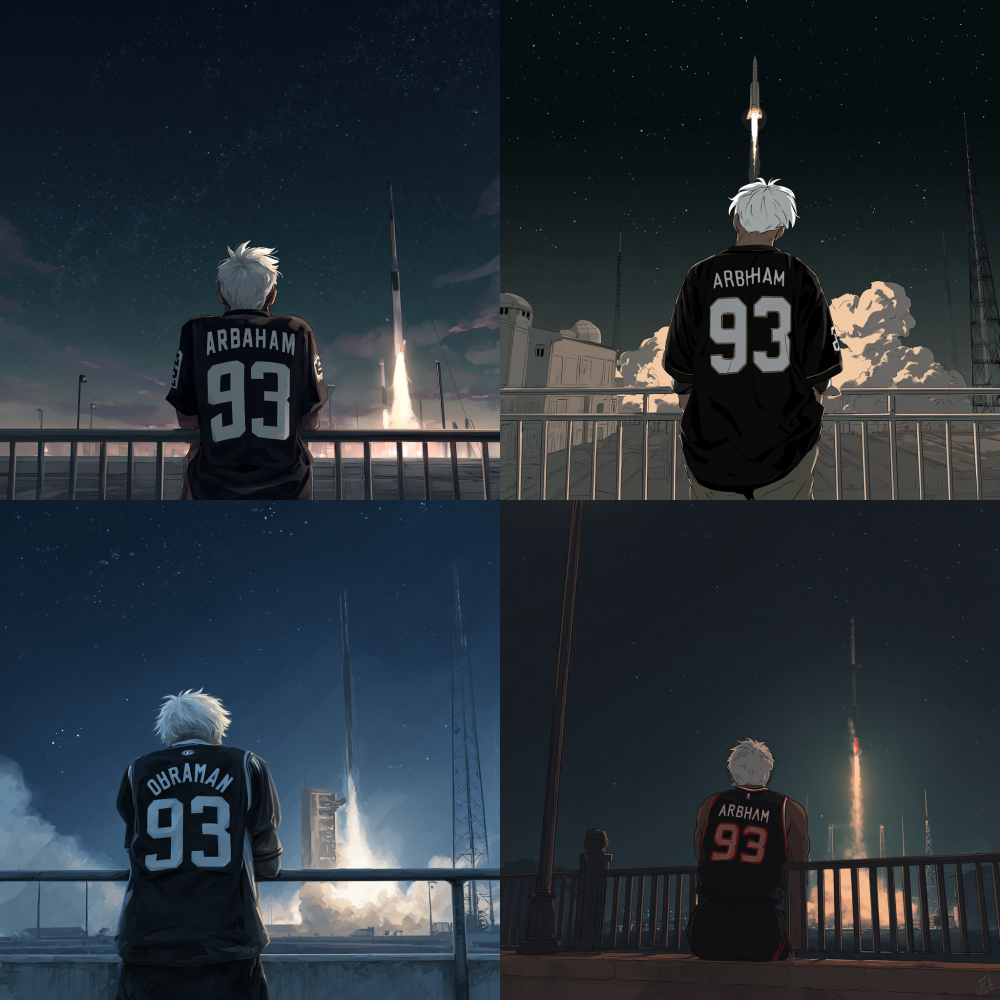 Please help me generate a realistic style of a man's back view. He is Leaning against the railing of a high platform at night, facing a rocket that has just been launched. He has white hair and is wearing a black No. 93 "Abraham"  Jersey