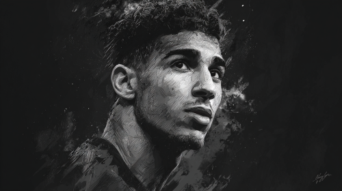 Create an exquisite portrait of Achraf Hakimi, capturing his charisma and athleticism in a stunning composition. --ar 16:9 --v 7 --style raw --stylize 100