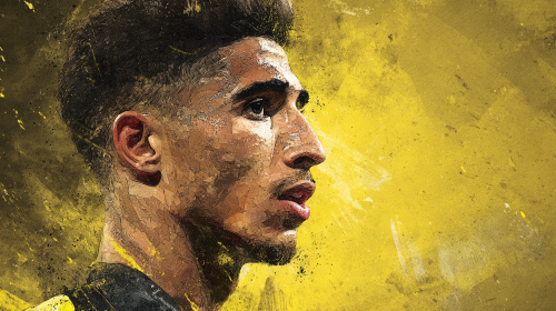 Create an exquisite portrait of Achraf Hakimi, capturing his charisma and athleticism in a stunning composition. --ar 16:9 --v 7 --style raw --stylize 100