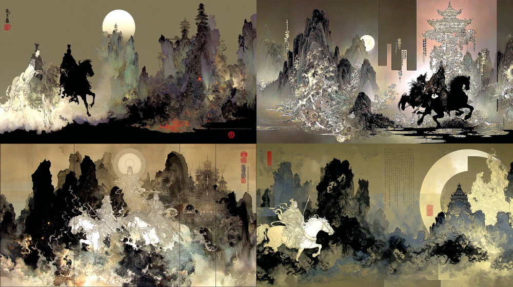 3D digital ink wash masterpiece, vertical composition, divided by abstract geometric frameworks and color blocks, on the left side jagged mountains drawn with sharp ink strokes, two rival phantom generals on warhorses below the center, creating a visual diagonal balance, in the upper right corner is a ruined palace with embers and tattered war banners, Zen studies, landscape painting, figurative and abstract combined, traditional and modern art mixed, expressionism and digital art merging, gradient colors, various dark abstract color blocks, lines and geometric structure in negative space background, oil painting texture, 3D digital rendering, partial highlights, strong light and shadow contrast, emphasis on the foreground, contrast of cool and warm tones, low saturation, top light source, high detail, ultra-clear focus, 8K, photo quality, surrealism. --c 10 --sref 168844895 --p ypac8t3 --ar 16:9