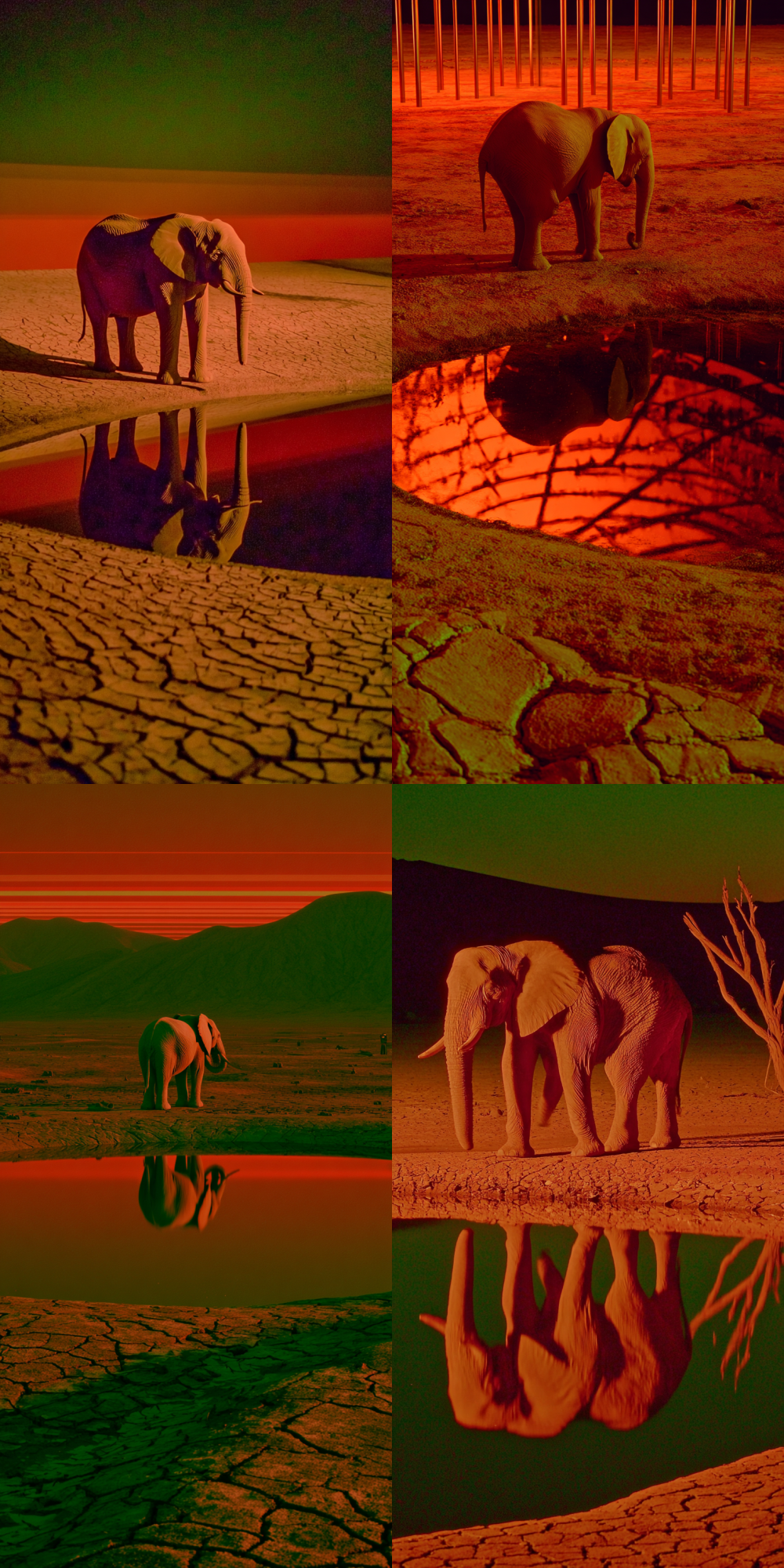 A majestic old elephant stands by a cracked-earth waterhole at dusk, its entire focus on the last small pool of water, its reflection distorted. The scene is lit by a surreal, deep crimson sunset, the concentration of survival, style of Raymond Swanland --sref 3558063635 --c 10 --style raw --v 7.0 --ar 1:2