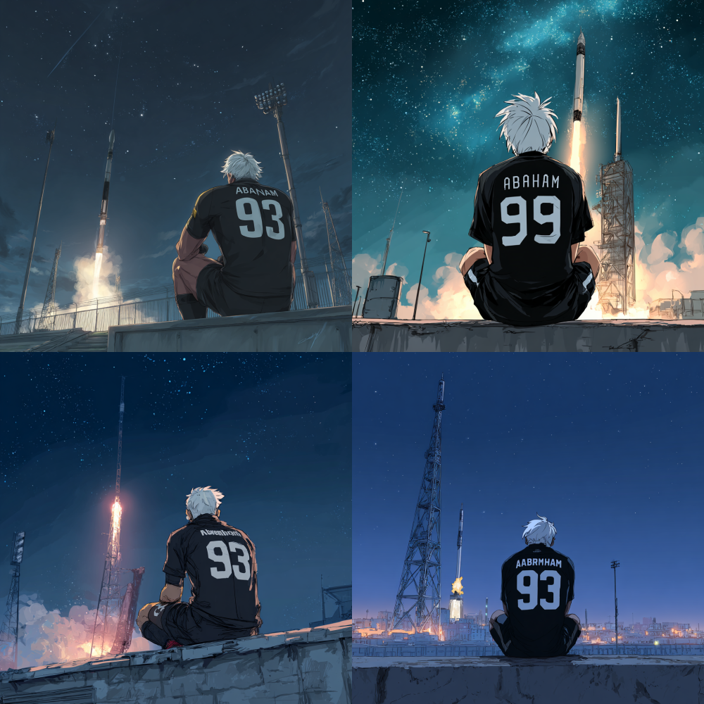 Please help me generate a realistic style of a man's back view. He is sitting on a high platform at night, facing a rocket that has just been launched. He has white hair and is wearing a black No. 93 "Abraham" Tight-fitting soccer uniform