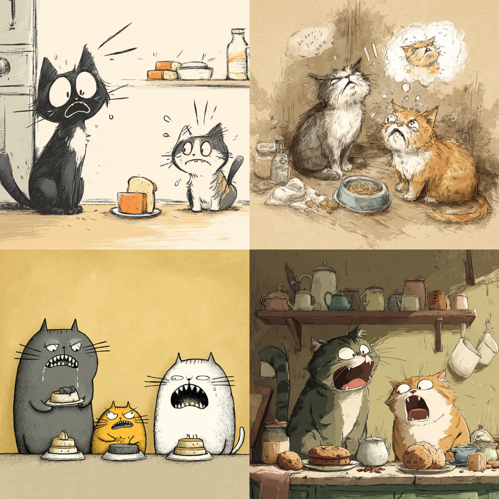 A cat is stealing food from another cat, and the cat whose food is stolen is crying.