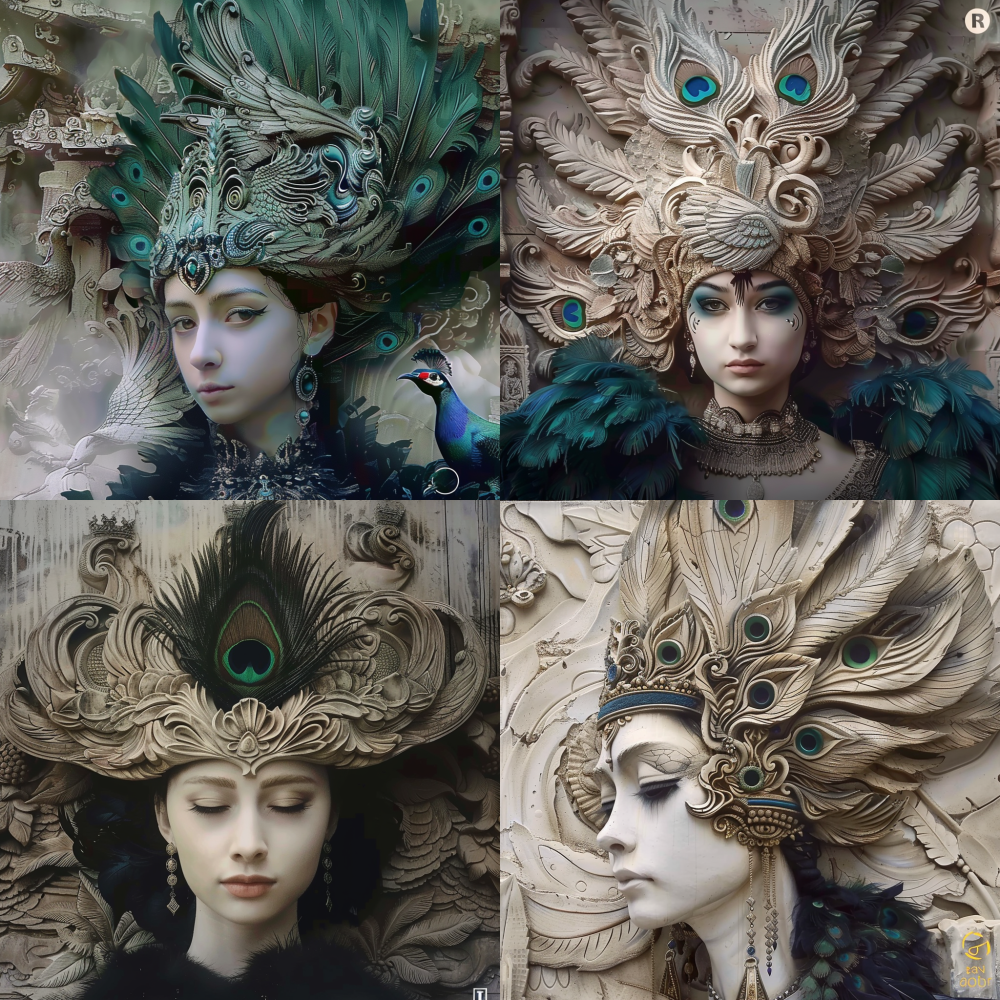 Refer to this picture and create several tension like images, with peacock feather elements used as decorative headpieces in the background < https://oc.superx.chat/img/1760206403213.jpg >  --v 6