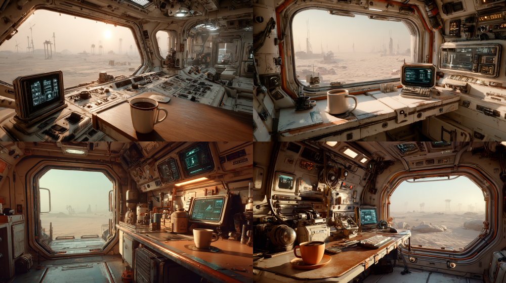 interior of a small habitation module on an alien desert planet, Moebius style, cinematic wide shot 16:9, warm gray color palette, soft morning light filtering through scratched glass window, silhouette of wind turbines visible outside, a single coffee cup on a metal desk, an inverted photo frame on the windowsill, an old control terminal with dim glowing screen, ivory white equipment casing, weathered industrial aesthetic, geometric brutalist architecture, warm atmosphere, volumetric light, dust particles floating in light beams, sci-fi concept art, Cyberpunk 2077 lighting style, Detroit Become Human composition, no human figures, ultra detailed, architectural photography --ar 16:9 --style raw --stylize 250