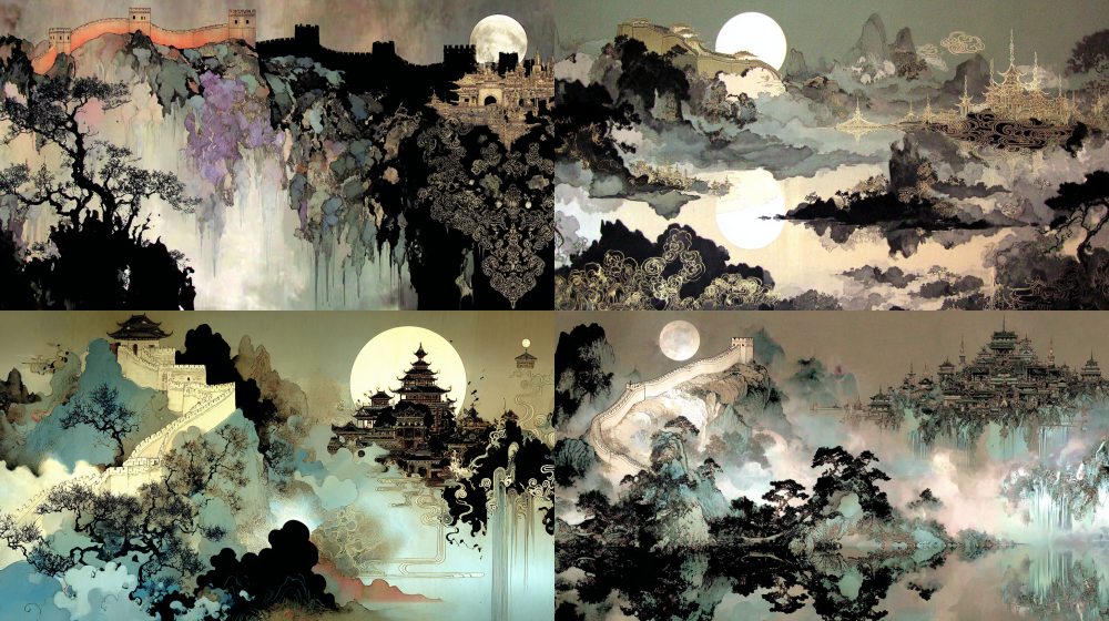 Three-dimensional digital ink work, vertical composition, divided by abstract geometric frameworks and color blocks, on the left side is the radiant Great Wall, located atop a holographic mountain, the soul of the light terracotta warriors formed in the center below, creating a visual diagonal balance, in the upper right corner is a floating city mirage entirely made of light, Zen studies, landscape painting, combination of figurative and abstract, blending traditional and modern art, merging expressionism and digital art, gradient colors, various deep abstract color blocks, lines and geometric structures in negative space background, oil painting texture, three-dimensional digital rendering, localized highlights, strong contrast of light and shadow, emphasizing the foreground, contrast of cool and warm tones, low saturation, top light source, high detail, ultra-clear focus, 8K, photo quality, surrealism. --c 10 --sref 168844895 --p ypac8t3 --ar 16:9