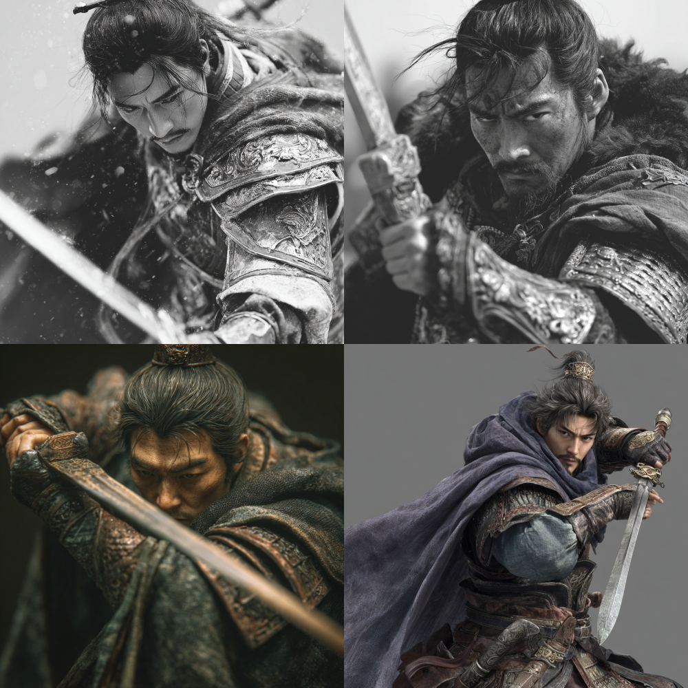 A close-up clear photo of Cao Cao, a young and middle-aged figure from the Three Kingdoms period, wearing a cloak and armor, wielding a sword to kill enemies, highlighting the image of a single character without any environmental background or other elements. 