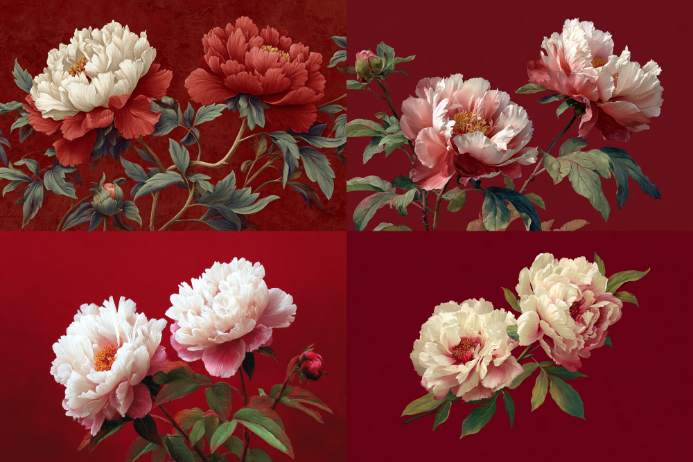 Two exquisite Chinese-style peonies gracefully bloom against a rich crimson background, exuding elegance and vibrancy —ar 3:2