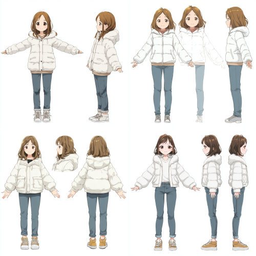 纯白背景,一个棕色头发,穿着白色羽绒服,长牛仔裤,运动鞋的可爱动漫女孩。三视图的正面图⼿臂微张,约 30-45 度,双腿⾃然直⽴,不可遮挡。侧视图为人物正侧面,背面图要有头发遮挡9:16 纯白背景,一个棕色头发,穿着白色羽绒服,长牛仔裤,运动鞋的可爱动漫女孩。三视图的正面图⼿臂微张,约 30-45 度,双腿⾃然直⽴,不可遮挡。侧视图为人物正侧面,背面图要有头发遮挡9:16