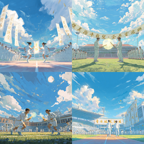 A university sports field with red running track, blue sky and white clouds, sunny day. Two students in white sportswear are handing over a relay baton. The baton is transparent crystal with a glowing golden Chinese character "廉" (integrity) inside. Other students around are holding batons with characters "诚" (honesty), "信" (trust), "正" (righteousness). In the background, a banner on the bleachers reads "Clean Breeze Nurtures Campus · Integrity Educates". Low-angle wide shot, vibrant and warm lighting, semi-realistic illustration style, youthful and energetic, 4K, clean lines, no shadows of corruption.