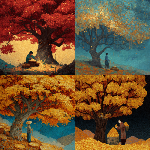 A person is under a big tree, counting leaves and tying them into stacks with a rope. The ground is covered with leaves, and in the person's eyes are symbols of the Chinese yuan.