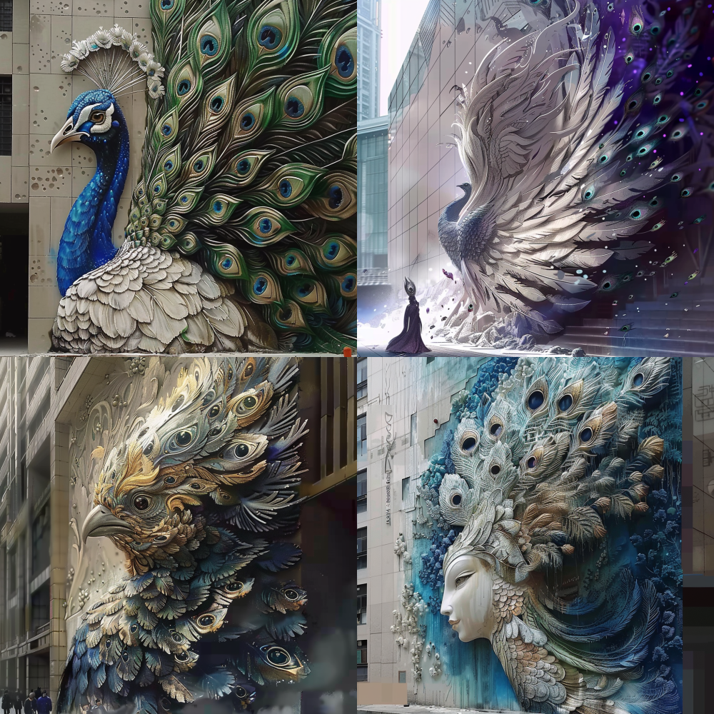 Referring to this image, there should be tension, with the front view and background elements replaced with peacock feathers < https://oc.superx.chat/img/1760204461523.jpg >  --v 6