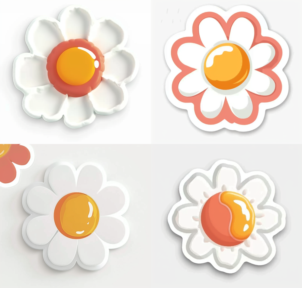 < https://oc.superx.chat/img/1758027044995.png >  sticker design of a fried egg, in the shape of a cute flower, with simple shapes and colors, on a white background, without shadows or a mockup frame, as a die-cut sticker.  --ar 81:77 --v 6
