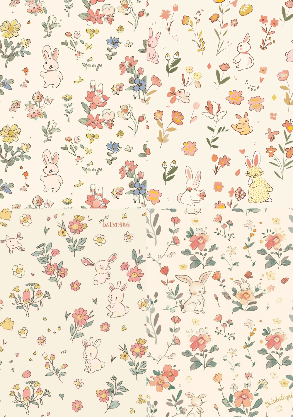 < https://oc.superx.chat/img/1760516212439.png > Adorable cartoon illustrations featuring small flowers and bunnies drawn in pastel hues against a cream-colored background. Each page should contain numerous patterns, with only one design appearing per sheet. Patterns may include various floral motifs such as cherry blossoms and daisies. Each bunny wears unique attire in diverse styles, like a pink dress or yellow hat. Style requirements: vintage, cute, pastel color palette, seamless patterns. --ar 45:64 --v 6 --tile