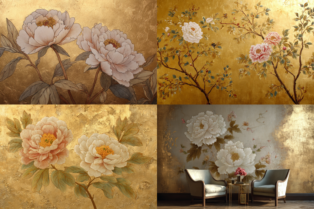 Luxurious golden backdrop embellished with two elegant Chinese peonies, their delicate petals artfully reaching towards the center, —ar 3:2