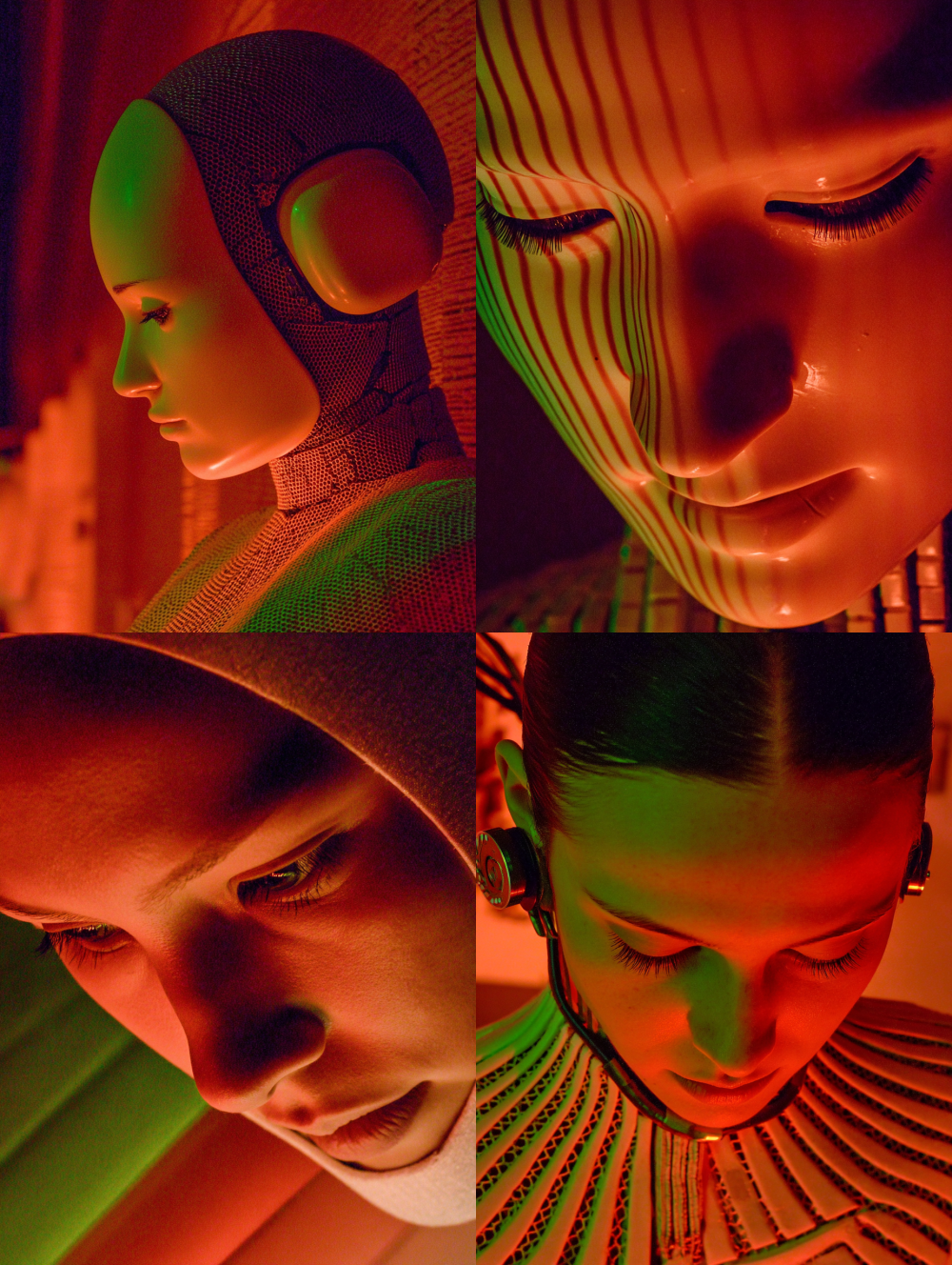 cinematic portrait of a female android in deep concentration, processing data, her optical sensors are pools of focused thought, dramatic red and green neon light reflects on her chrome face, surreal atmosphere, style of Alastair Magnaldo and Zhang Jingna， --s 100  --sref 3558063635  --c 10 --ar 3:4