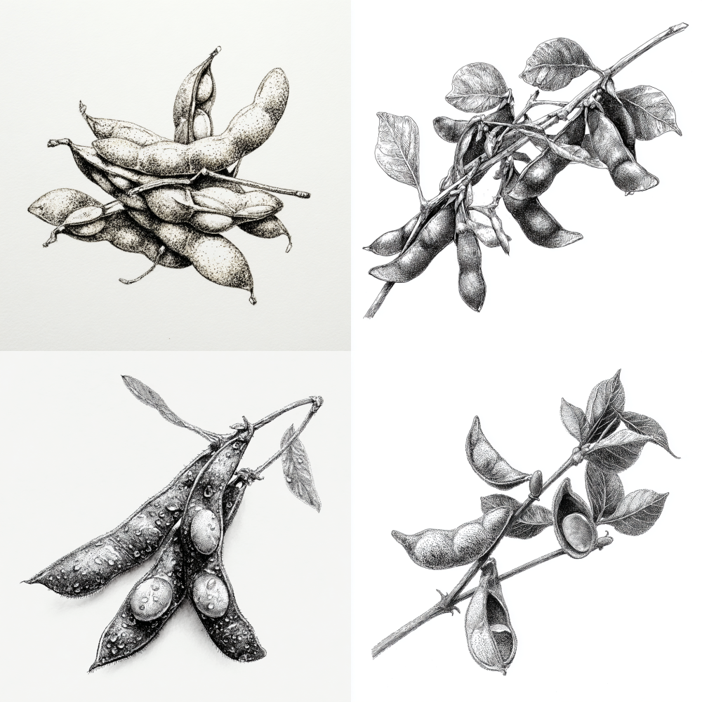 ink drawing soybean, soybean agricultural, bean drop, bean out, clip bean, hyper detailed, soybean botanical illustration, center position, clear space, super realistic drawing, white background.