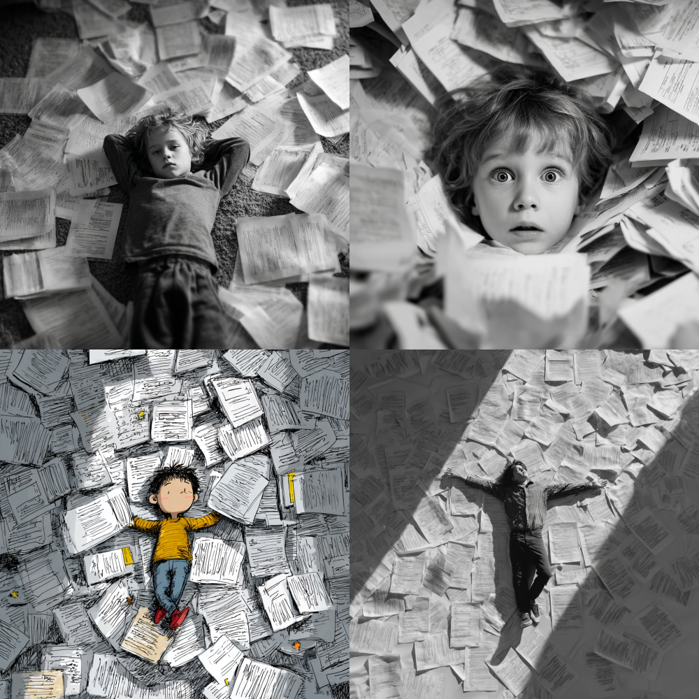 A child lying in the middle of a pile of test papers 