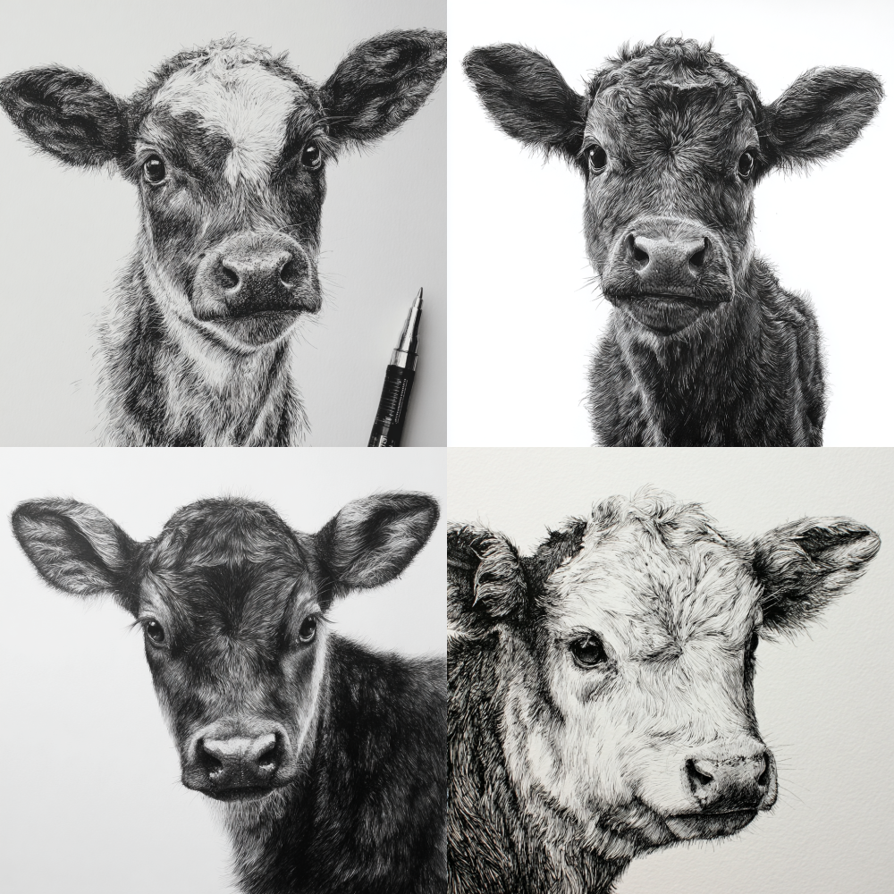 ink drawing, Calf drawing, white background, portraits, hyper detailed, realistic.