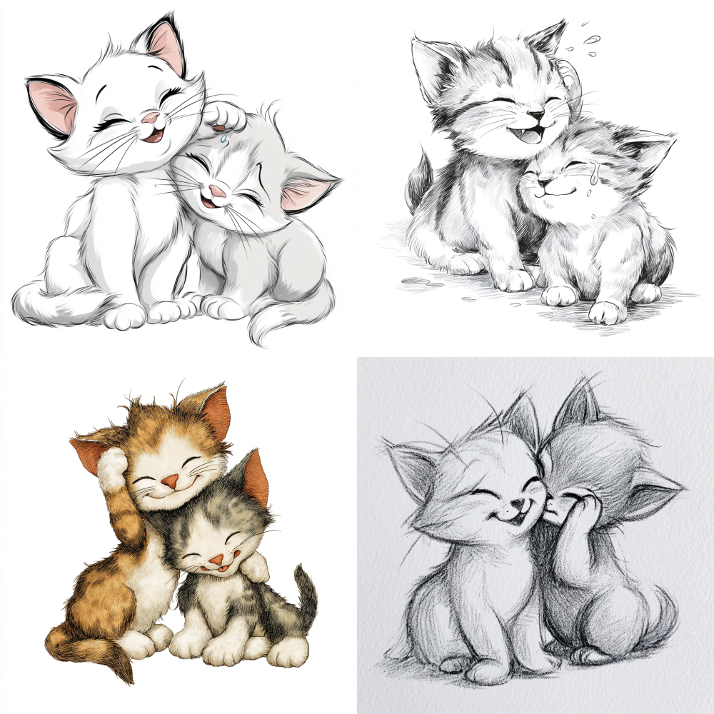 Draw a picture of a cute smiling kitten comforting another crying kitten by touching its head, a total of kittens 2