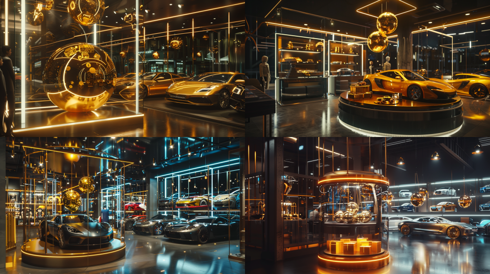 Store "" Wide-angle shot of a modern car dealership (4S) showroom at night. The centerpiece is a large, futuristic Golden U-Magnet Claw Machine. The machines claw is a glossy golden U-shaped magnet, hovering over spherical golden gift boxes inside the glass cabinet. The machine is bathed in dramatic spotlighting, creating a luxurious and high-tech atmosphere. Sleek new cars (like the ID. UNXY 07) are displayed around it. A few well-dressed customers look on with interest. Photorealistic, cinematic lighting, clean and minimalist design. --ar 16:9 --v 6.0 --style raw