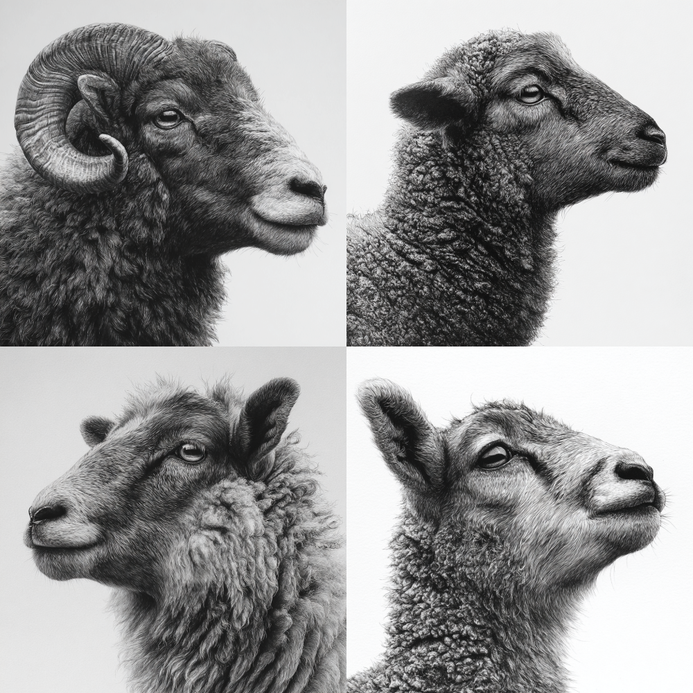 ink drawing, mountain Little sheep drawing, side view, white background, portraits, hyper detailed, realistic.