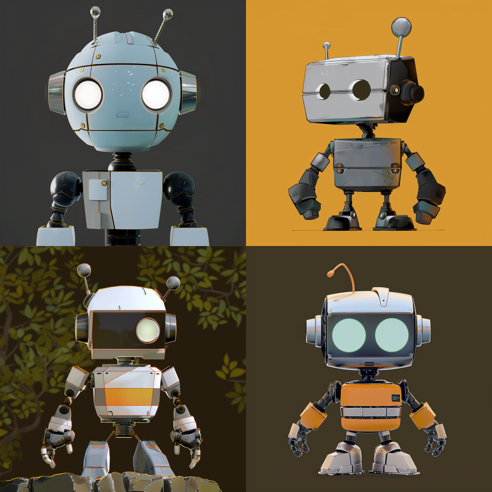 < https://oc.superx.chat/img/1760517300309.png > Create a series of whimsical and charming cartoon-style sketches inspired by this robot prototype, featuring playful and lively designs that capture its adorable essence. --v 6