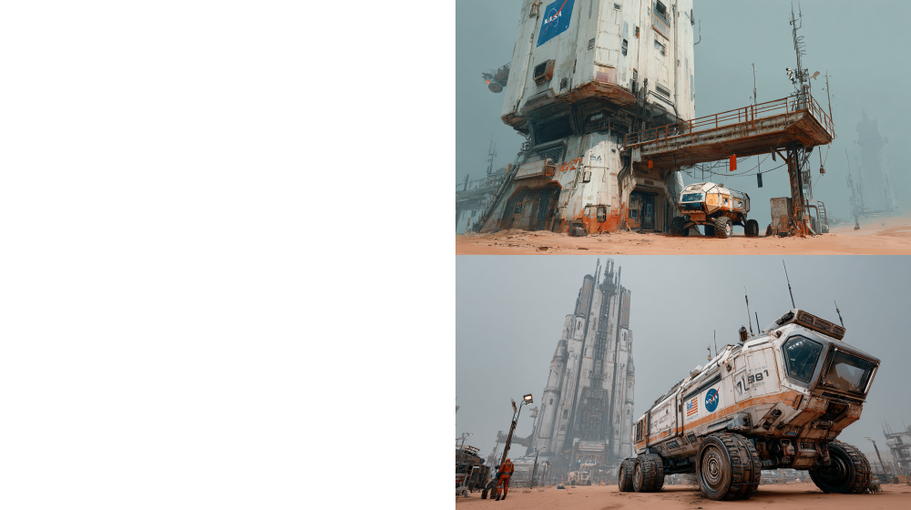 exterior of a remote research outpost on an alien desert planet, Möbius style, cinematic wide shot 16:9, overcast gray sky, dusty horizon, a towering brutalist wind turbine base made of weathered steel and ivory white metal, a derelict rover with faded blue Earth flag painted on its side, subtle orange workwear hung on a railing suggesting human presence, geometric industrial architecture, colossal scale, warm gray and muted tones, soft diffused lighting, dust storms in distance, sci-fi concept art, Cyberpunk 2077 lighting style, Detroit Become Human environmental storytelling, no human figures, ultra detailed, architectural photography --ar 16:9 --v 7 --style raw --stylize 250