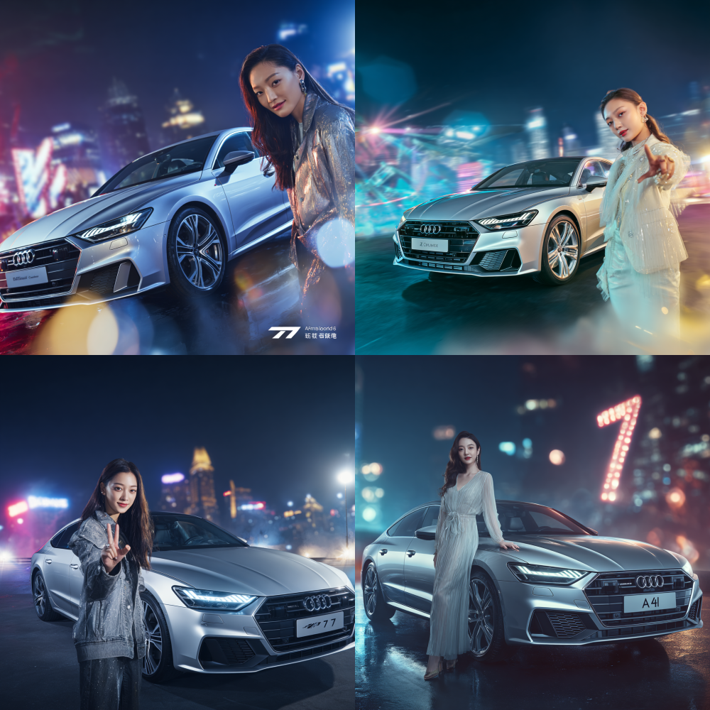 A promotional key visual (KV) for a car advertisement, featuring the beautiful and fashionable Asian pop idol Song Yuqi standing next to a sleek silver fastback sedan (similar to Audi A7 or Porsche Panamera). She is facing the camera with a confident and charming smile, reaching one hand towards the camera lens, playfully making a "number seven" hand gesture.Composition: dynamic low-angle shot, emphasizing the imposing presence of both the car and the person. Song Yuqi is the absolute focus of the image.Scene: a modern city nightscape with blurred bokeh lights and neon glows in the background, creating a fashionable and luxurious atmosphere.Style: premium car advertisement, cinematic lighting, dramatic illumination, sharp details, 8K ultra-high definition.Color palette: dominated by cool tones of silver, blue, and black, accented by the warm tones of car headlights and neon lights.Aspect ratio: 16:9