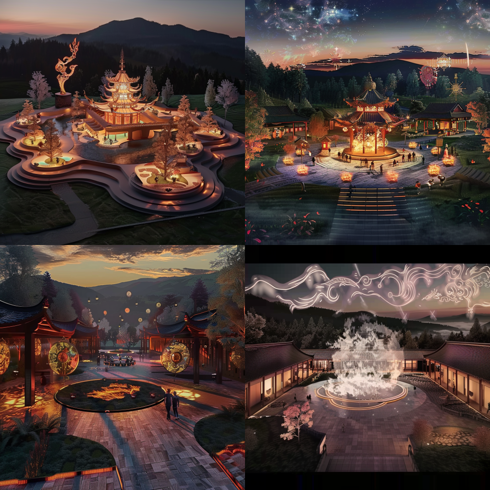 I am now designing a pop-up touring exhibition to promote the traditional culture of the Yi ethnic group in China, and I need you to help me generate a rendering. In the center of the scene is a huge light and shadow device that projects the effect of bonfire flames, surrounded by temporary movable buildings. Now, I need you to generate several scene renderings for me based on the reference image effects of the link. < https://oc.superx.chat/img/1758015329951.jpg >  --v 6