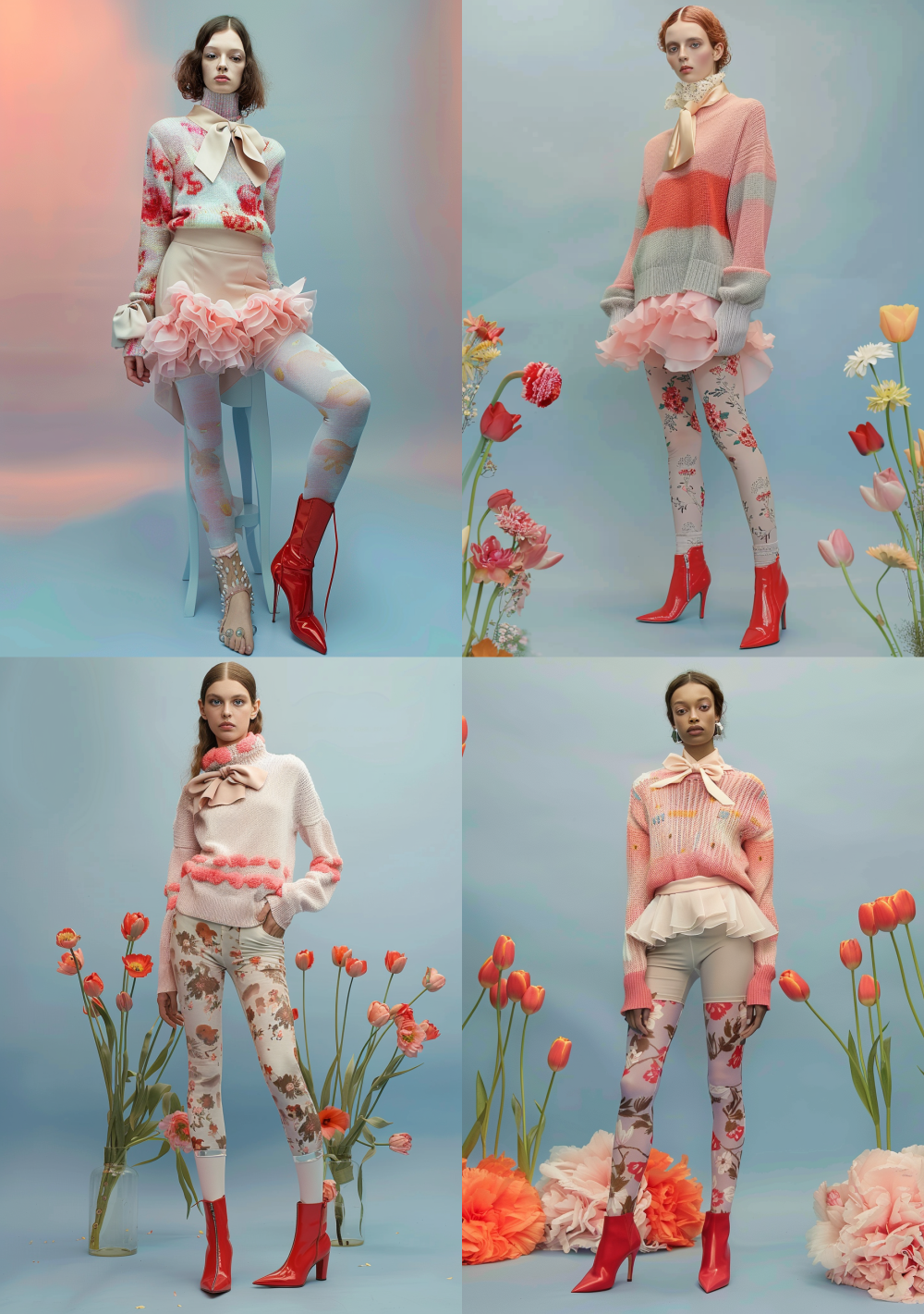 < https://oc.superx.chat/img/1757940903562.png >  full-body shot, fashion photography for vogue. the model is wearing soft pink and white floral-patterned tights with an oversized sweater in pale coral-pink and grey color-blocking, a light brown silk bow on the neck, and bright red pointy-toe pumps. the scene is set against a pastel blue backdrop, with a low-angle view.  --ar 45:64 --v 6