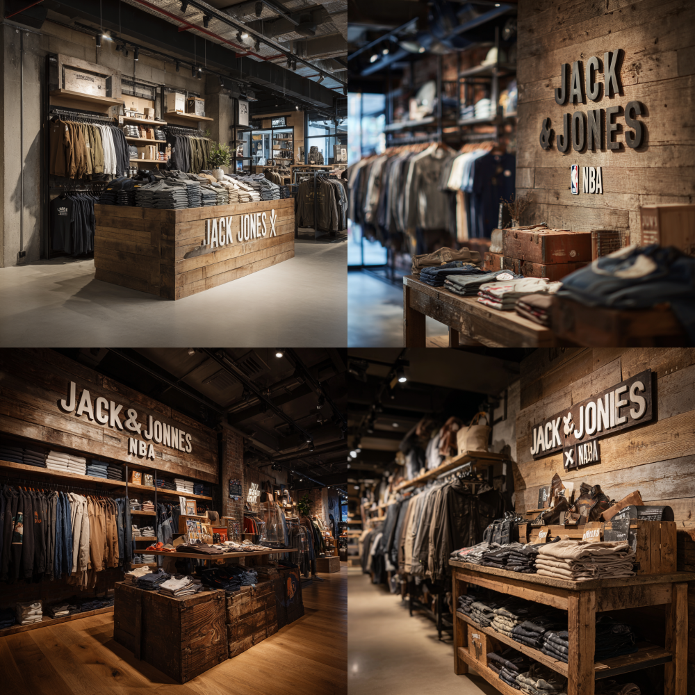 Need to take a frontal shot Front shot Front, a whole row A retro wooden board with three-dimensional text on it, the content of the text “Jack&Jones x NBA”
