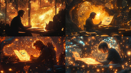 A breathtaking 20-year-old man with shining golden hair, strong masculine features, muscular build silhouetted against golden sunset light pouring through treehouse windows, sitting at a desk covered in maps and journals, quill in hand mid-stroke. The map before him shows a magical realm with "our kingdom" marked. Floating books and instruments surround him. Warm epic atmosphere, sense of recording destiny, hyper-detailed  --ar 16:9  --style raw  --v 6.1  --s 750