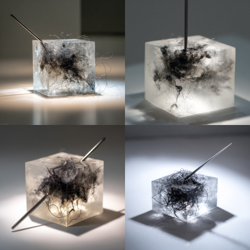 A detailed close-up photograph of a minimalist art installation. A translucent, frosted resin cube with soft, defused lighting, conveying a calm, indifferent presence. Inside the core of the cube, there is a complex, chaotic tangle of black, rough wool yarn and coiled wires, featuring tight knots, sharp angles, and explosive tension, symbolizing inner confusion and anxiety. One single, polished, mirror-like silver metal rod pierces through the center of the chaotic tangle and completely through the resin cube's outer surface, extending straight out into the void, acting as a sharp, decisive pointer of aspiration. Dramatic side-lighting highlights textures. Monochromatic color palette.  --ar 1:1