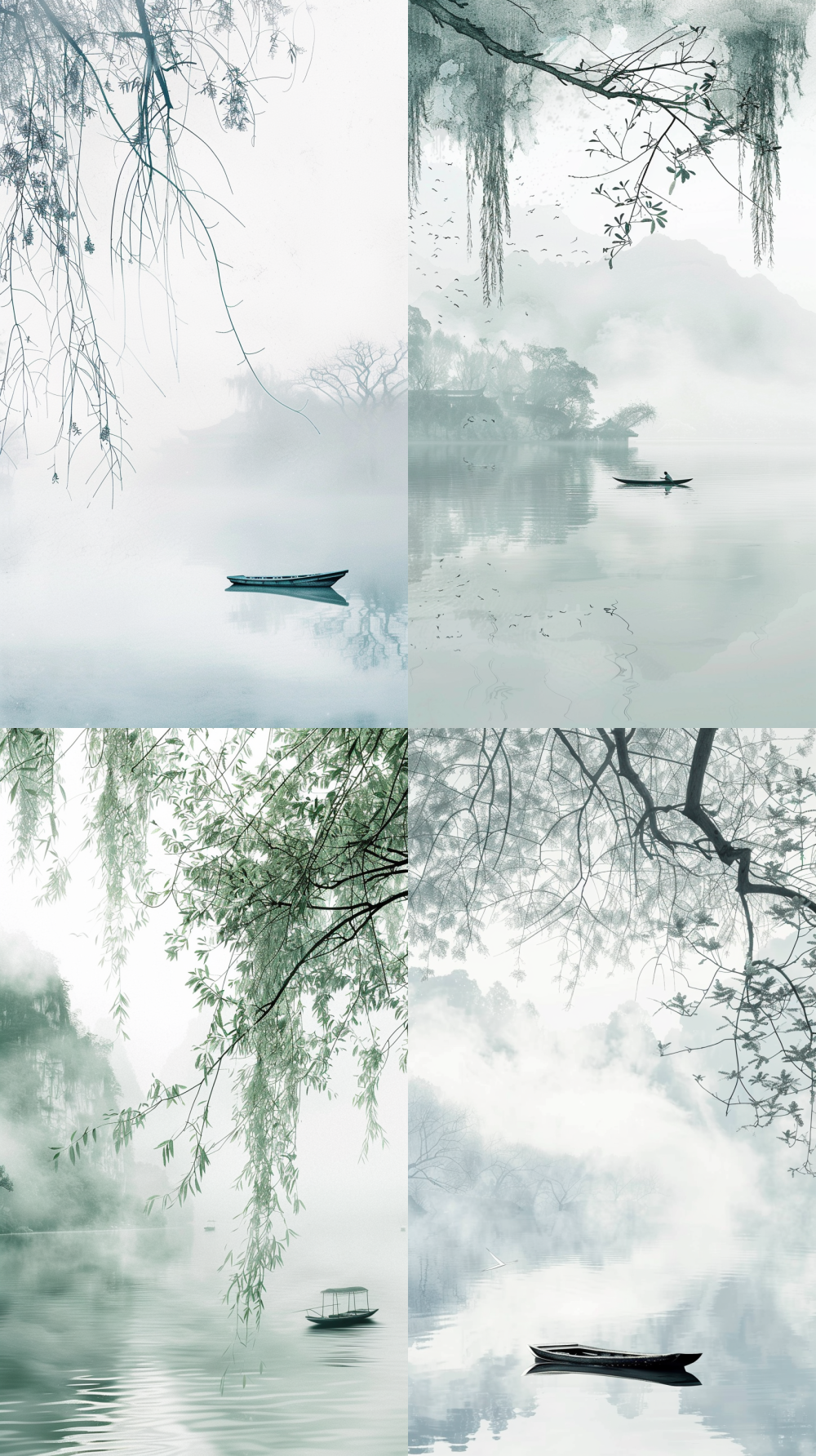 Vertical poster, misty West Lake in Hangzhou, willow branches, small boat drifting, poetic ink wash style, subtle celadon and jade tones, minimal rice paper texture, soft floating light particles hidden in the mist, refined and elegant Chinese aesthetic  --ar 9:16  --v 6.0  --q 2  --style raw