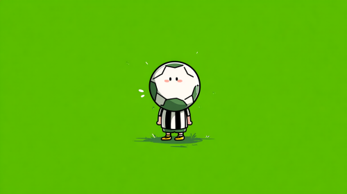 Cartoon football illustration, player version, simple and cute, no copyright team emblem, no real face, football themed graffiti, street style, bright colors, no game screen, no watermark, flat football icon, goal football, green background, minimalist, suitable for data review Q + --ar 16:9 --v 7 --stylize 100