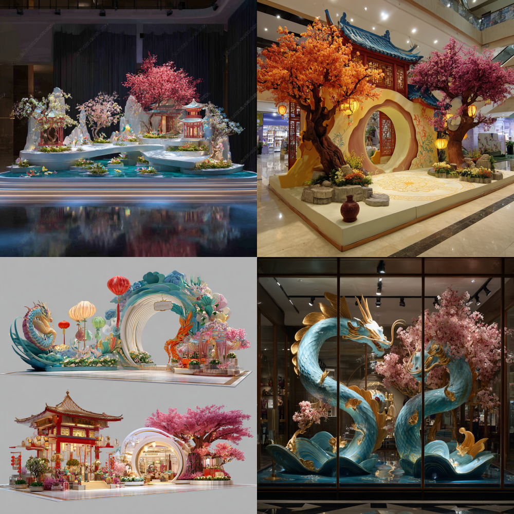 Generate multiple plans and use Chinese fantasy elements for modern commercial display decoration