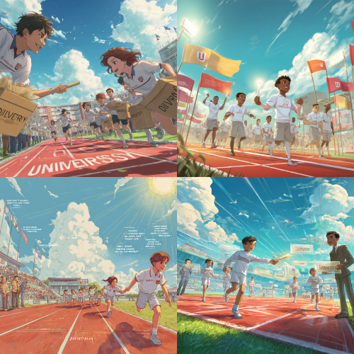 帮我生成图片：场景：大学标准田径运动场，红色塑胶跑道，远处看台上有老师和同学在鼓掌、挥动小旗。天气晴朗，蓝天白云，阳光从左上角斜照，营造温暖明亮的氛围。核心动作：画面中央偏右的位置，一位身穿白色运动服、胸前印有校徽的学生（代表“传递者”）正将手中的发光接力棒递向另一位学生（代表“接棒者”）。接力棒整体呈半透明水晶质感，内部有一个清晰的“廉”字，并散发出柔和的淡金色光芒。接棒者身体微微前倾，右手伸出，眼神坚定且带着微笑，准备握住接力棒。周围人物：跑道上还有其他几位学生选手，他们手中拿着不同的接力棒，上面分别写着“诚”“信”“正”“洁”等字样，各自在奔跑或准备交接。这些接力棒虽然没有“廉”字棒那么耀眼，但也微微发光，形成呼应。细节元素：跑道地面上画着白色的分道线，线条干净利落。背景看台上有一面横幅，写着 “清风润校·廉洁育人”（与海报主题一致）。远处操场的草坪上，有一棵小树苗正在阳光下生长，暗示廉洁文化的根基与未来。所有学生的表情都是积极、专注、充满活力的，没有负面或讽刺元素。色彩与光影：主色调：红（跑道）、绿（草坪）、白（运动服）、金（接力棒光芒）。光影：阳光从左上45度角照射，人物轮廓有淡淡的高光，接力棒的光芒在人物脸上产生暖色的反光。整体风格：半写实插画，略带青春动漫感，画面通透、明亮、积极向上。构图：采用广角透视，低角度仰拍，突出接力棒的光芒和交接瞬间的动感。焦点集中在两只手和接力棒上，背景略微虚化但能看清横幅和看台