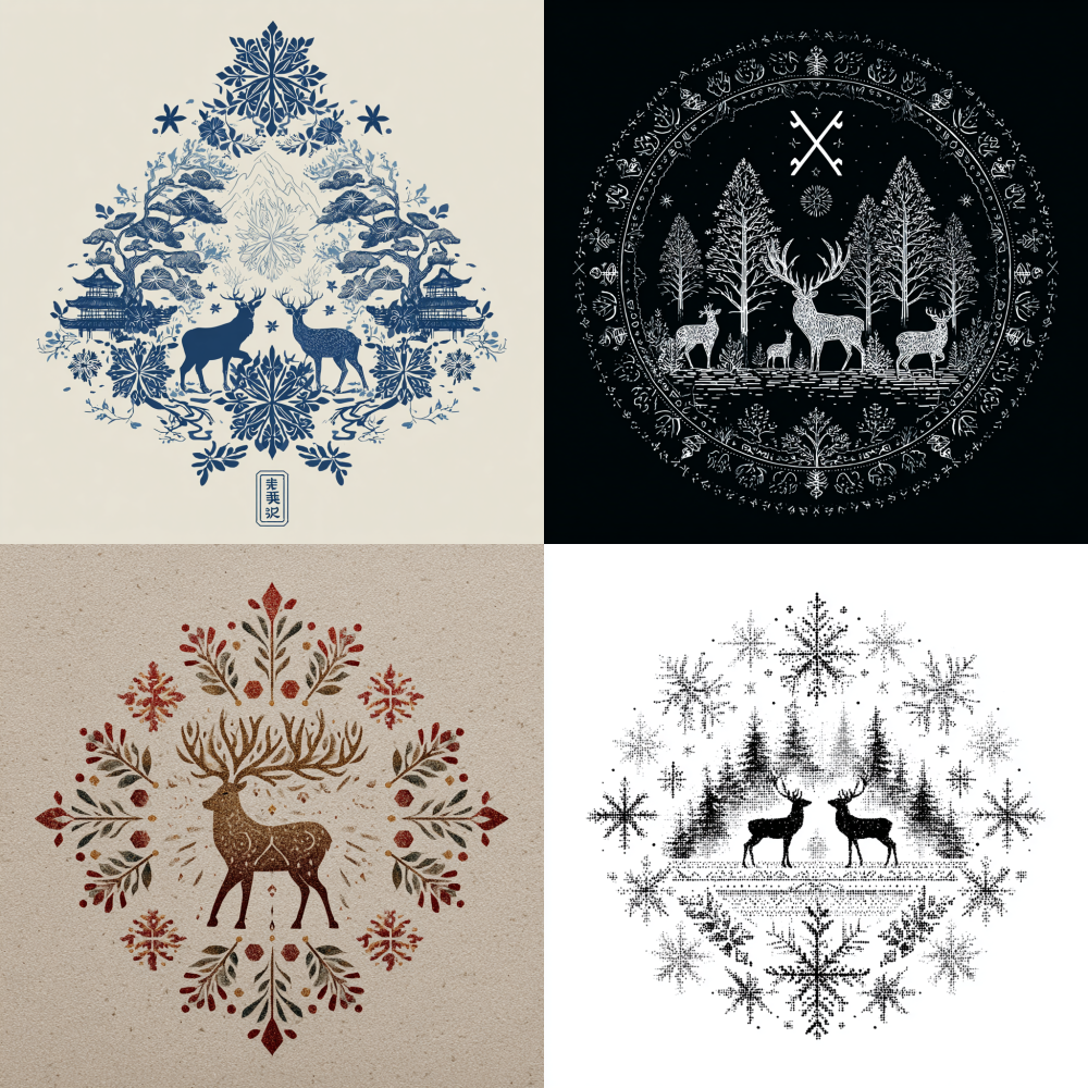 Help me refine this sketch into a finished product. It is the iconic design of Xuexiang Forest Park, featuring patterns of deer and snowflakes as the main themes. logo