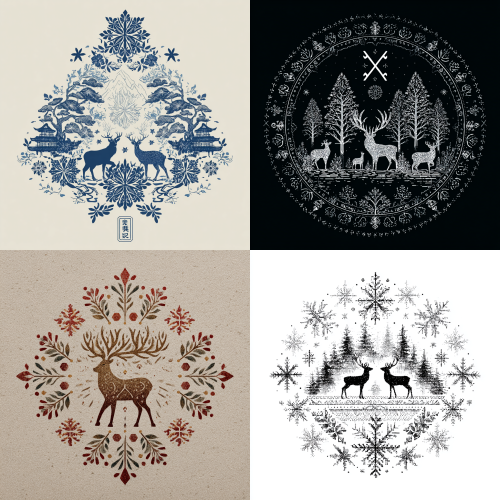 帮我把这个草图，精细成成品logo。它是雪乡森林公园的标志设计，以鹿和雪花为主题进行的图案设计。