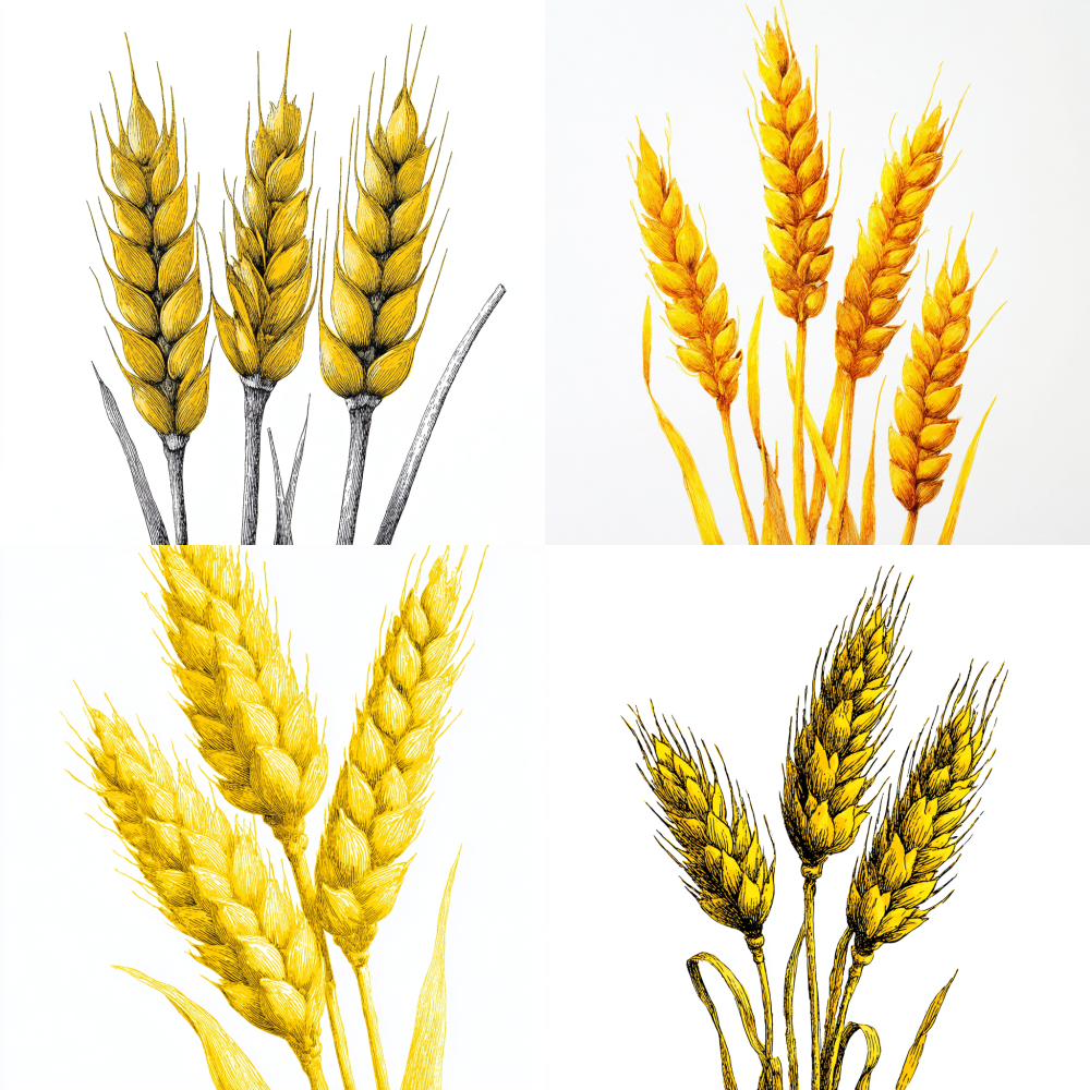three wheat ear ink drawing , yellow wheat agricultural, bold style, high contrast, yellow bright, hyper detailed, wheat botanical illustration, center position, clear space, super realistic drawing, white background.