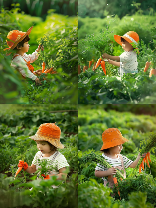 < https://oc.superx.chat/img/1776101066047.jpg >  a child wearing an orange hat and white striped t-shirt is picking carrots in the green vegetable field, holding some fresh carrot leaves in their hand. the photo adopts a natural light style with ultra-high definition resolution. it was taken in the style of canon. this photo has a rich texture of vegetables, showcasing their beauty and vitality.  --ar 3:4