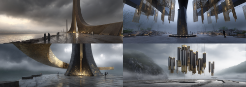 A colossal riverside wind chime landmark on the Yangtze River, blending ancient Chu-Han cultural symbolism with contemporary monumental public art. The central pillar is inspired by the Sword of Goujian, rising vertically like a sacred bronze totem, sharp, elegant, and powerful, with dark bronze material, aged patina, and delicate gilded decorations. Hanging from the structure are massive wind chime elements derived from the forms, components, and rhythmic arrangement of Marquis Yi of Zeng’s Bianzhong bells, transformed into suspended bronze chimes with gilded edges, engraved patterns, ancient ritual motifs, and rich metallic resonance. The overall composition reflects the solemnity of Chu ritual music, the grandeur of Han cultural spirit, and the mystique of ancient Chinese bronze civilization. Set along the Yangtze waterfront, surrounded by dramatic river landscape, mist, wind, stone plaza, and monumental urban public space. A fusion of archaeology, ritual aesthetics, musical symbolism, and futuristic cultural landmark design. Epic, majestic, elegant, symbolic, realistic bronze material, gilded metal highlights, highly detailed, cinematic atmosphere, architectural concept rendering, world-class cultural installation.  --ar 84:30  --style raw  --iw 1.5