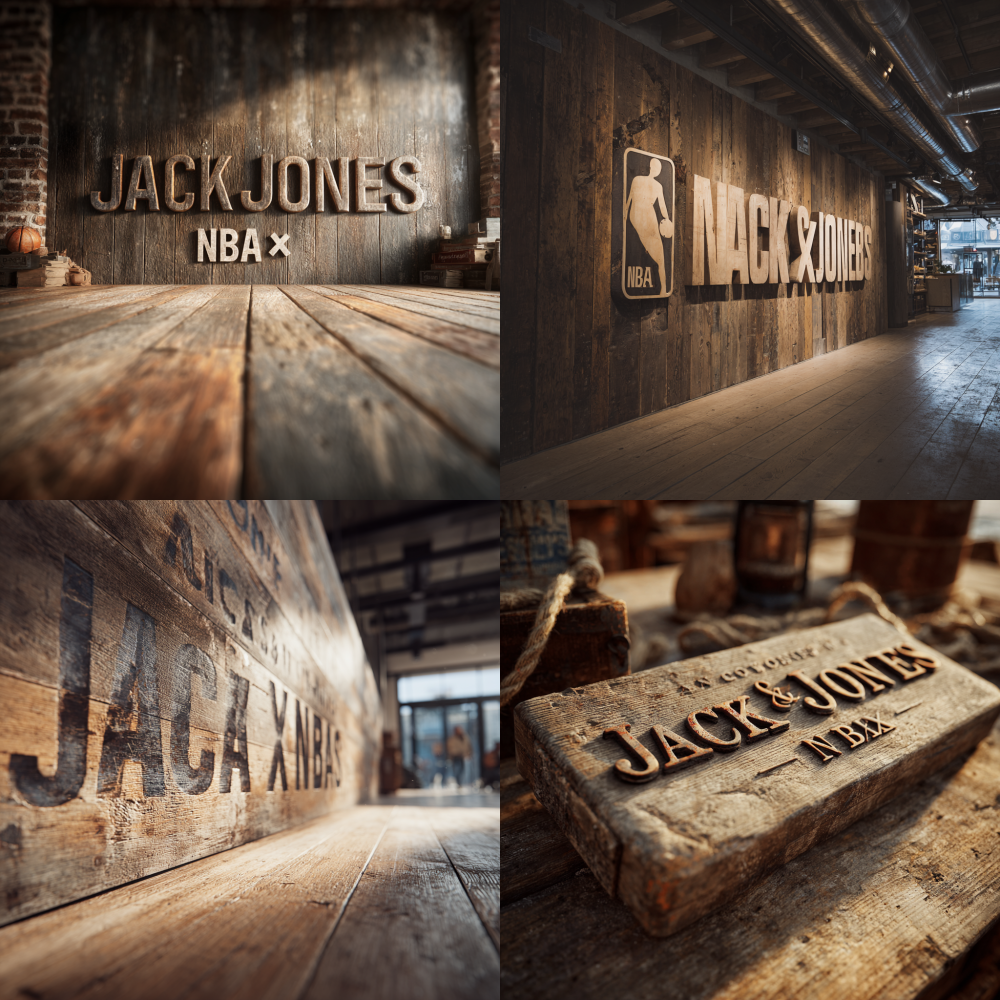 Need to shoot from the front of the wooden board Front shot Front, a whole row A retro wooden board with three-dimensional text on it, the content of the text “Jack&Jones x NBA”