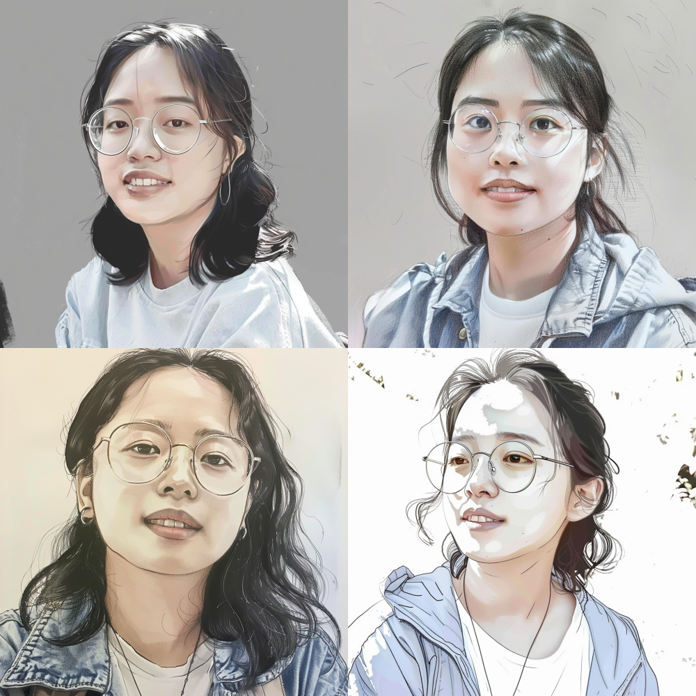 Half body portrait, don't imitate all the details of the original image, you need to process something else yourself, change the character's clothing, posture, and background. Painting style, wearing glasses, relatively chubby < https://oc.superx.chat/img/1774362125496.png > A 35-year-old Asian woman, linear sketch, pencil drawing lines, high contrast, sketches, traditional media, half-length portrait1:1 --v 6