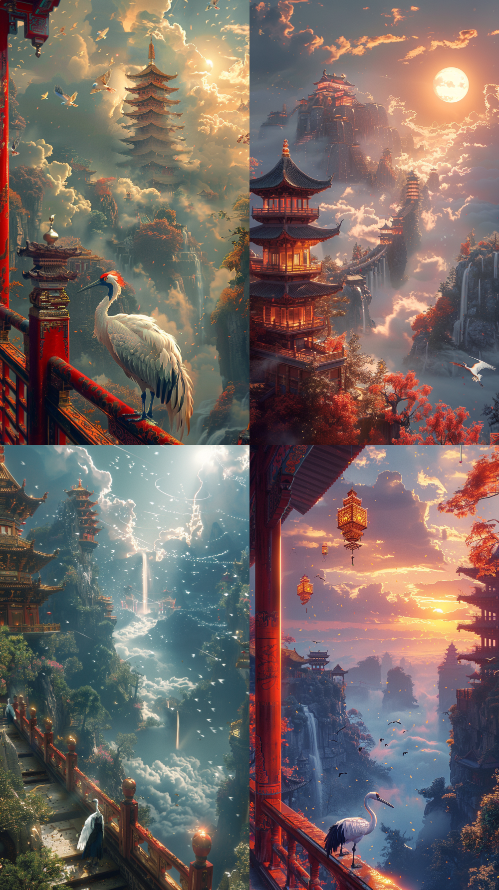 Epic fantasy wide shot, crane in lower right foreground, standing sideways on carved railing looking into distance. White feathers glowing soft gold at edges, black wingtips with blue-purple iridescence. Warm golden rim light from distant main hall upper left-rear, shadows cool blue-purple. Gallery on left side: ultra-ornate super-long curved floating corridor, no foundation, suspended above clouds. Vermilion pillars with golden dragon reliefs, beams with lotus-vine patterns and flying apsaras, ceiling with colorful paintings and hanging ornaments. C-shaped corridor extending deep into frame. Right side: floating inverted mountains in layered clouds—peaks down, bases up, upside-down temples and waterfalls flowing upward. Boundless layered clouds fill right side of frame with floating weightless atmosphere. Far distance: gallery ends at a colossal multi-tiered main hall facing right, red pillars, golden tiles, towering into clouds surrounded by thick rolling cloud layers forming flowing curves. Style: ultra-ornate Eastern fantasy, surreal, warm gold highlights vs cool blue-purple shadows, 8k hyper-realistic oil painting impasto texture, vertical --ar 9:16 --style raw --s 900 --v 6.0