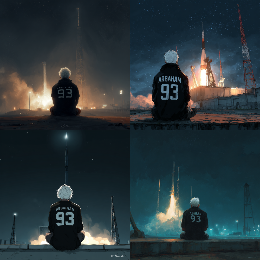 generate a realistic style of a man's back view. He is sitting on a high platform at night, facing a rocket that has just been launched. He has white hair and is wearing a black No. 93 "Abraham" shirt