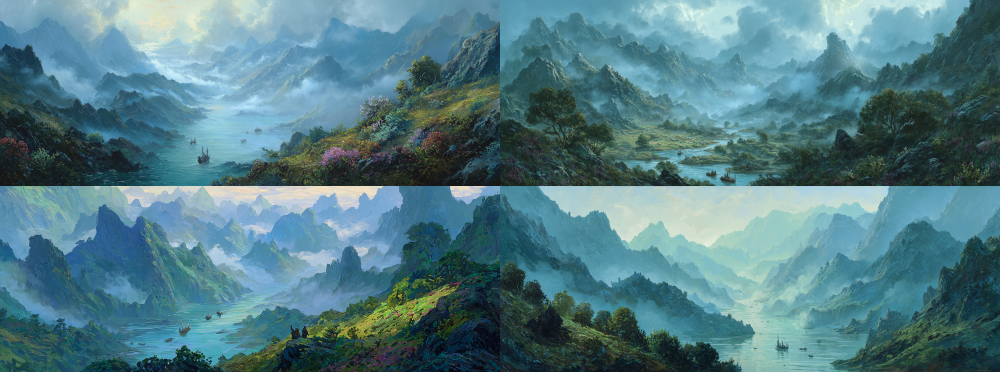 A breathtaking panoramic view of rugged mountains shrouded in mist, painted in a palette of soft blues and greens. The river meanders through the landscape, with small boats navigating its waters. The foreground is rich with vibrant flora, creating a dynamic contrast against the tranquil atmosphere of the scene. --ar 113:42