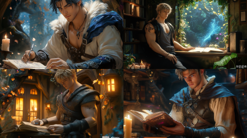 < https://oc.superx.chat/img/1773404563201.png > < https://oc.superx.chat/img/1773404938145.png > A stunning 20-year-old young man with flowing golden hair swept back from his face, strong masculine features, piercing blue eyes filled with determination and purpose, muscular build visible through a simple white linen shirt with sleeves rolled up revealing powerful forearms, sitting at a solid wooden desk in a cozy floating treehouse high above the clouds. The treehouse has large open windows revealing endless sky and distant floating islands at golden hour. He grips a quill firmly, intensely focused on drawing an elaborate magical map spread across the desk - the map shows two kingdoms connected by a glowing river, tiny illustrations of a wolf and a crown, stars marking special locations, "our story" written in elegant script in one corner. Candles float magically around him providing warm light, old books and scrolls pile nearby, a compass and ink bottles scatter across the desk. Warm golden sunlight streams through the windows, illuminating dust motes dancing in the air. The scene radiates strength, purpose, and sacred dedication to recording their shared journey. Cinematic, hyper-detailed, 8k resolution, heroic atmosphere, intimate yet powerful  --ar 16:9  --style raw  --v 6.1  --s 750  --stylize 350