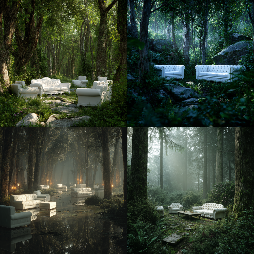 White sofas and other furniture are placed in the forest, surreal and realistic 4k